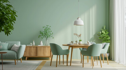 デザイナー家具と室内緑を備えたモダンでおしゃれなダイニングスペース。リラックスできる雰囲気。