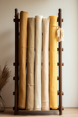 Rolls of yellow fabric on a wooden rack in the interior.