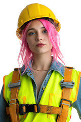 Modern female construction worker with vibrant pink hair, safety vest and helmet, white background.