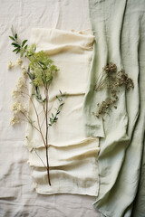 Warm linen tablecloth with dried flowers and herbs, top view