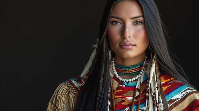 Portrait of American Indian woman in traditional costume. 