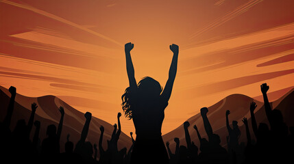 Silhouette Woman Hands Raised, Cheering, Dancing for Victory Day Party. Hand-drawn Flat Background for Black History Month