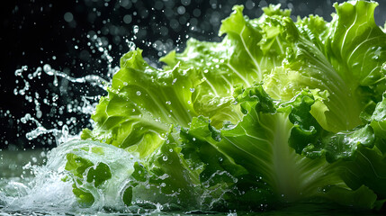 Fresh lettuce washed under water splash - obrazy, fototapety, plakaty