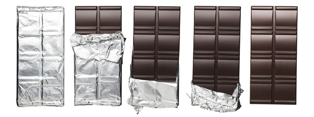 Collage of different dark chocolate bars wrapped in foil, isolated on white background, top view