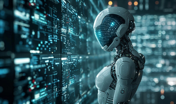 Female cyborg learning and analysis big data with hologram data on dark screen background. copy space