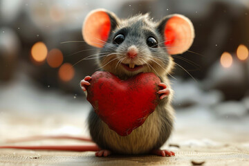 Cute little mouse with a big red heart for Valentine's Day generative ai
