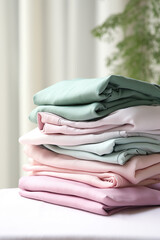 Stack of clothes on table, closeup. Dry-cleaning concept