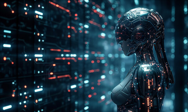 Female cyborg learning and analysis big data with hologram data on dark screen background. copy space