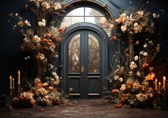 A captivating indoor photo backdrop with dark plants, a wedding column, and a blank wall, setting the stage for elegance