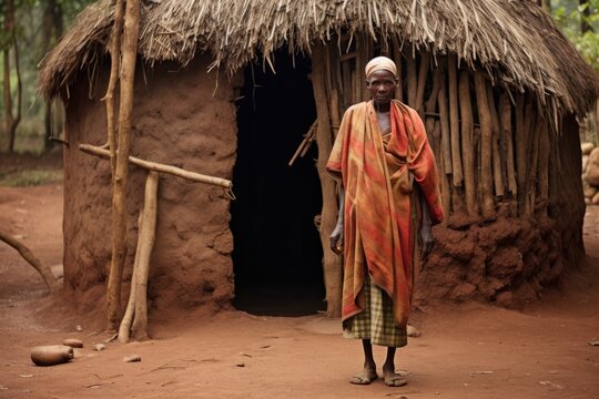 Portrait of an African elderly woman in national clothes and a national headdress on the background of a house in a village