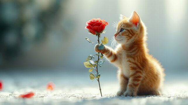 Cute cat with a big red rose for valentines day generative ai