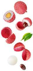 Isolated flying lychee. Falling lychee fruits, whole and cut in half, with leaves isolated on white background