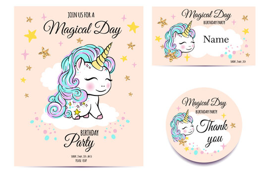 invitation card with unicorn, birthday party, vector, stars, set with name card and stickers