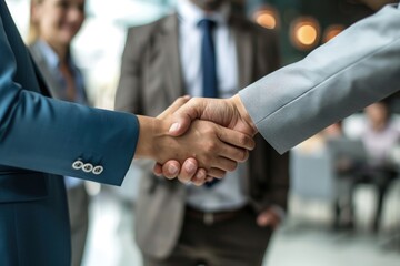 Closeup shot of business handshake, cropped shot of two people wearing formal suits shaking hands. business handshake concept
