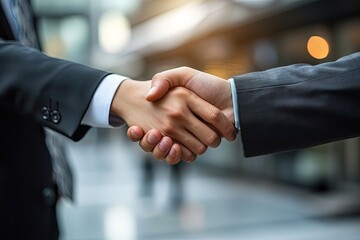 Close-up image of a firm handshake, men standing for a trusted partnership.
