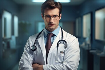 Male doctor with his arms crossed wearing strethoscope 