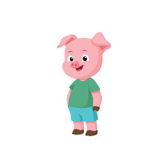 Cute Little Pig Cartoon Character. Pig in T-shirt and Shorts Standing Vector Illustration