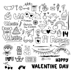 Hand drawn happy valentine day doodle cute elements.