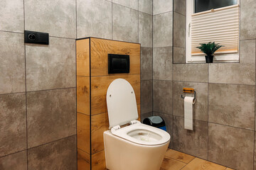 A modern bathroom with a white ceramic toilet. The toilet is closed and has a stylish seat and a...
