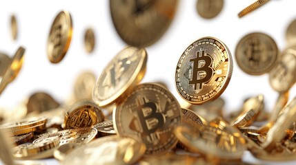 Gold Bitcoin coins on a white background
