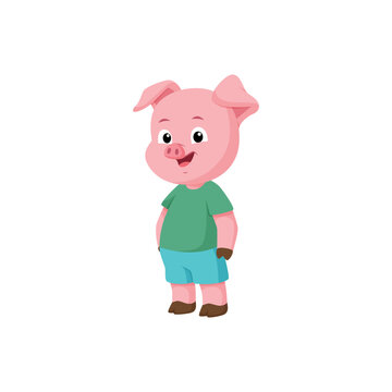 Cute Little Pig Cartoon Character. Pig in T-shirt and Shorts Standing Vector Illustration