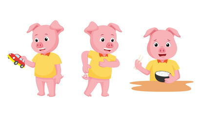 Cute Pig Cartoon Character Set with Different Poses. Pig Playing with Car, Dancing and Eating Rice Vector Illustration