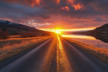 Sunset on a road, enter the clouds to cover the sun
 - obrazy, fototapety, plakaty