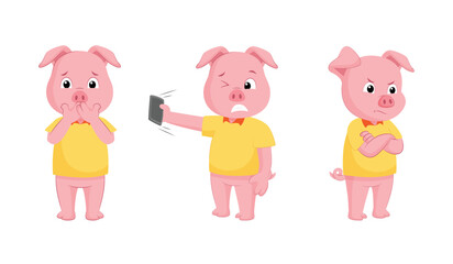 Cute Pig Cartoon Character Set with Different Poses. Pig Hands on Mouth, Angry and Holding Shouting Phone Vector Illustration