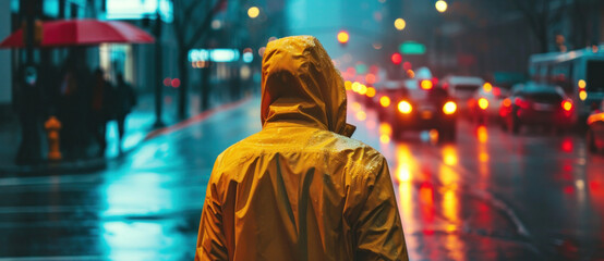 Obraz premium A solitary figure in a yellow raincoat stands amidst a rain-soaked street, city lights reflecting an urban glow on wet pavement