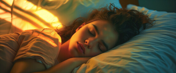 Sleeping Beauty in Golden Hour, Restful Sleep with Sunlight Caress. Young woman sleeping in bed with dusk sunlight projected on a bed