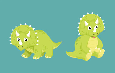 Cute Centrosaurus Dinosaur Cartoon Character Set. Dinosaur Standing and Sitting Vector Illustration
