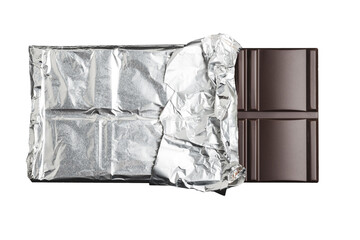 Delicious dark chocolate bar wrapped in foil, isolated on transparent background, top view