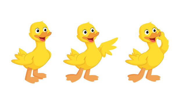 Cute Duck Cartoon Set with Different Poses. Standing, Waving and Talking on Phone Vector Illustration