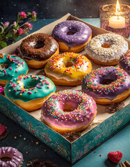 Delectable Assortment: Gourmet Donuts Adorned with Sprinkles and Nuts in a Gift Box