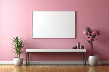 Modern interior design with poster, pink walls, table and plants. Created with Ai