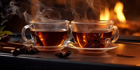 wo cups of steaming hot tea in front of fireplace. 