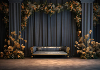 A captivating indoor photo backdrop with dark plants, a wedding column, and a blank wall, setting the stage for elegance