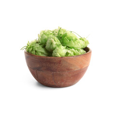 Wooden bowl with fresh green hops on white background