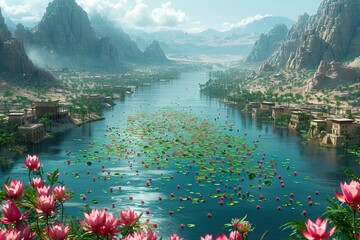 Ariel shot, Pilgrims release lotus flowers into the sacred Nile, honoring both the river and their beliefs. cinematic, unreal engine - obrazy, fototapety, plakaty