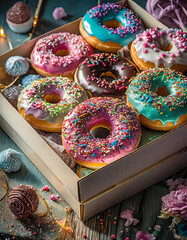 Delectable Assortment: Gourmet Donuts Adorned with Sprinkles and Nuts in a Gift Box