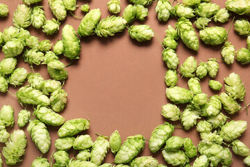 Frame made of fresh green hops on brown background