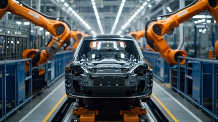 Car manufacturer. The car factory digitalization industry. Automated Robot Arm Assembly Line Manufacturing High-Tech Electric Vehicles