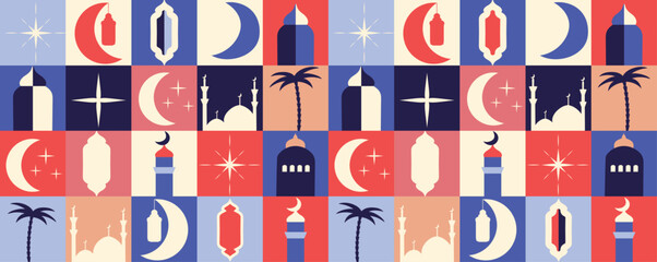 Background for the blessed holiday of Ramadan Kareem, Raya Hari, Eid al-Adha. Arabic postcard. Vector illustration. Isolated. Mosque. Modern geometric shapes in brutalist style. y2K - obrazy, fototapety, plakaty