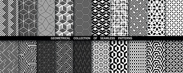 Geometric set of seamless black and white patterns. Simple vector graphics