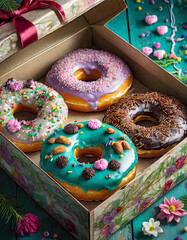 Delectable Assortment: Gourmet Donuts Adorned with Sprinkles and Nuts in a Gift Box