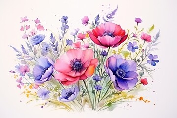 Greeting card with flowers, watercolor, can be used as invitation card for wedding, birthday and other holiday and summer background
