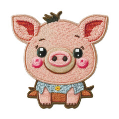 Cute cartoon tapestry pink little pig. Embroidery textured sitting baby pig. Abstract embroidered colorful vector background illustration. Stitching lines surface grunge texture. Applique. For decor