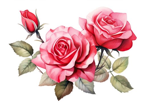 Beautiful rose on white background. Pink and red rose flower for Mother day and Valentines day postcards and greeting cards. Watercolor rose flowers isolated on white background