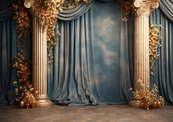 A captivating indoor photo backdrop with dark plants, a wedding column, and a blank wall, setting the stage for elegance