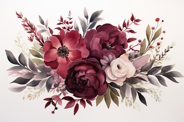 Experience the timeless beauty of lush burgundy florals paired with dark foliage in a classic watercolor painting. Perfect for any elegant design project - obrazy, fototapety, plakaty